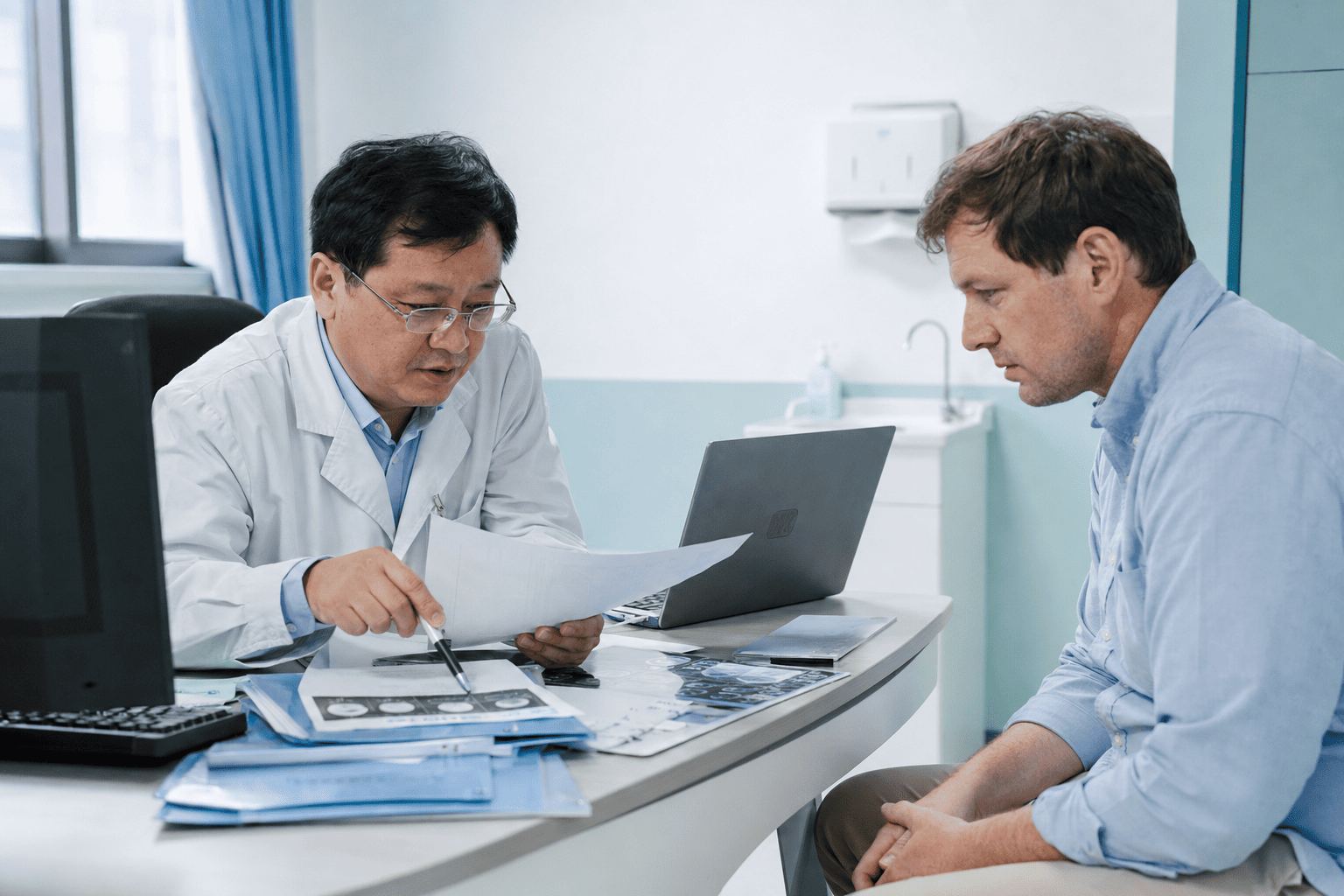 A specialist reviewing a case file remotely