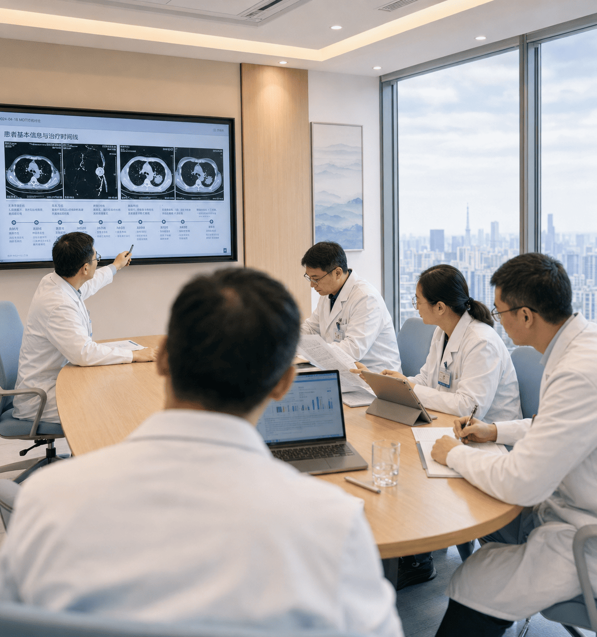 A multidisciplinary team of specialists reviewing a patient case around a conference table