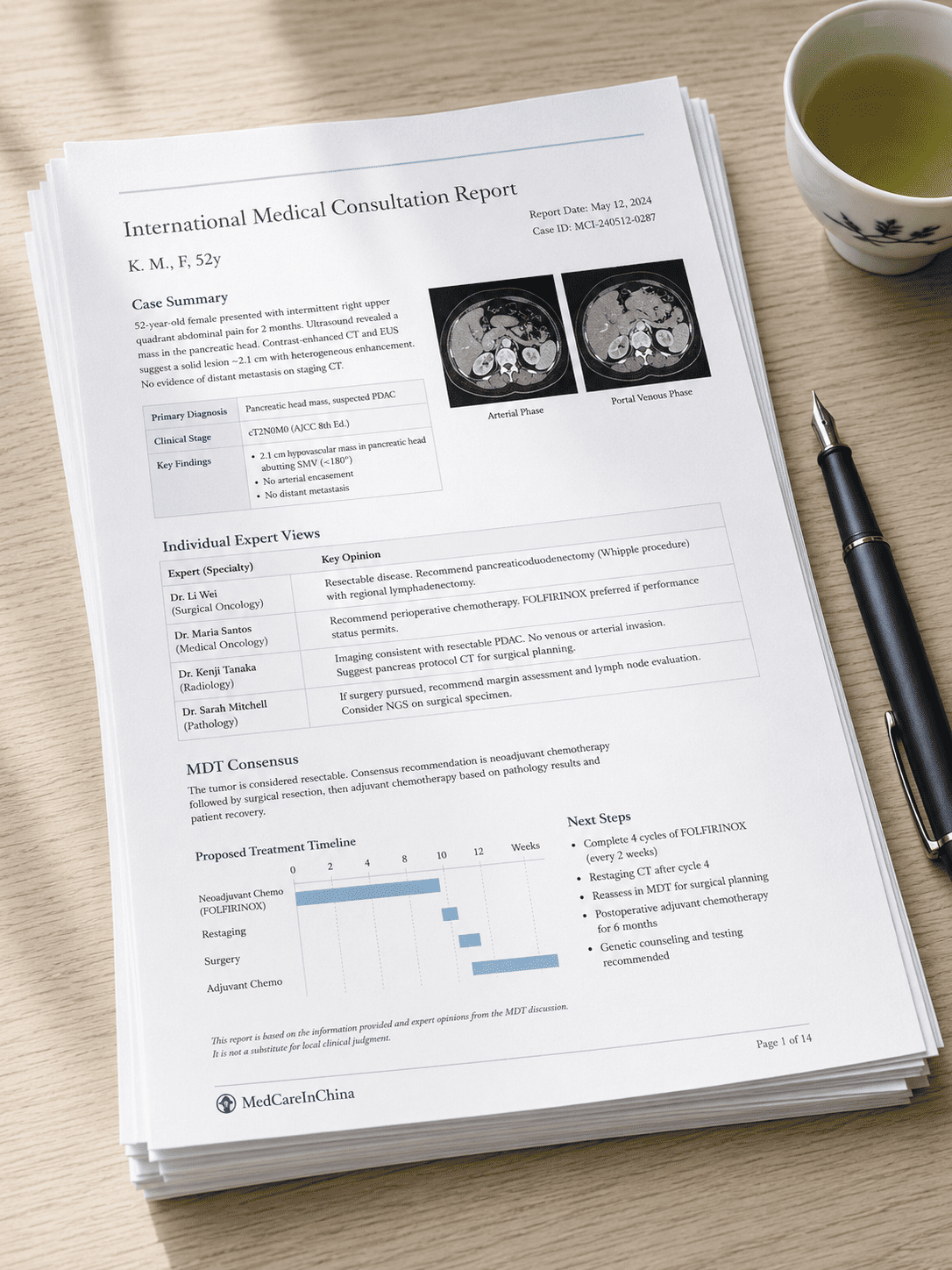 MDT consolidated report PDF mockup, multi-page bilingual document